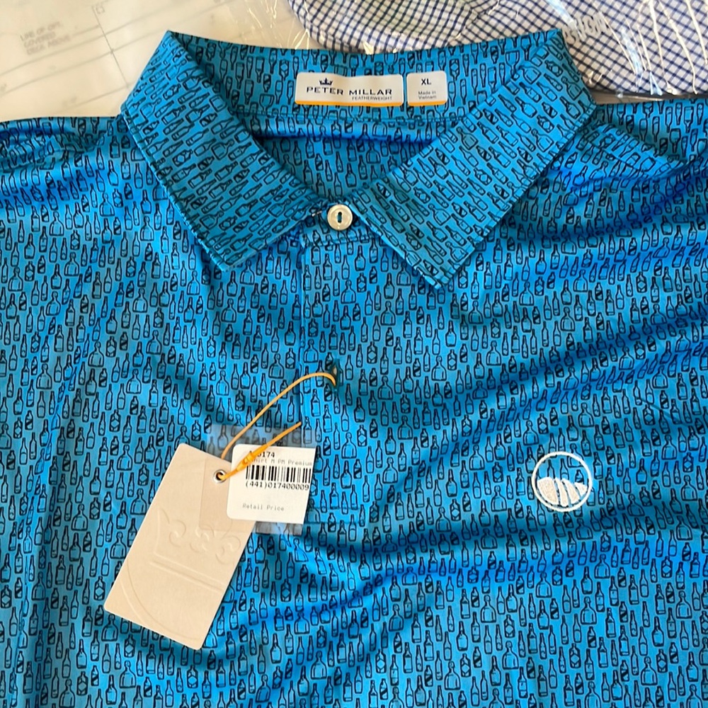 NWT Peter millar golf shirt brand new. Blue. Tequila, beer, wine bottles etc